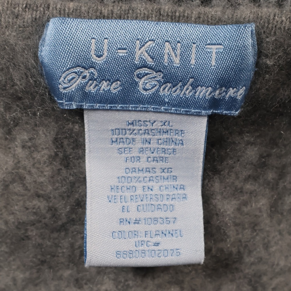 U-Knit Pure Cashmere Women's XL Gray Flannel Puff Sleeve Ribbed Pullover Sweater - Picture 6 of 9